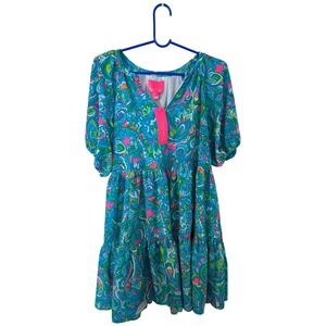 Lilly Pulitzer Blue Pink Green Paisley Tiered Ruffle Sleeve Dress Women's M